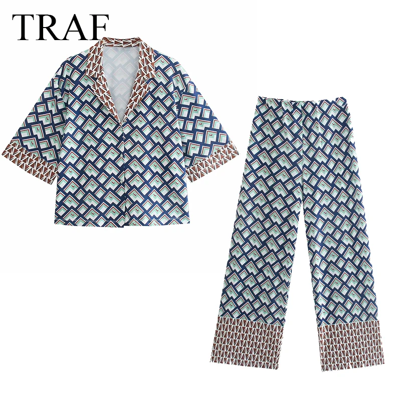 

TRAF Za Women's Clothing 2021 Pant Suits Summer Casual Printed Button Blouse Vintage Trouser Suits Chic Loose High Waist Pants