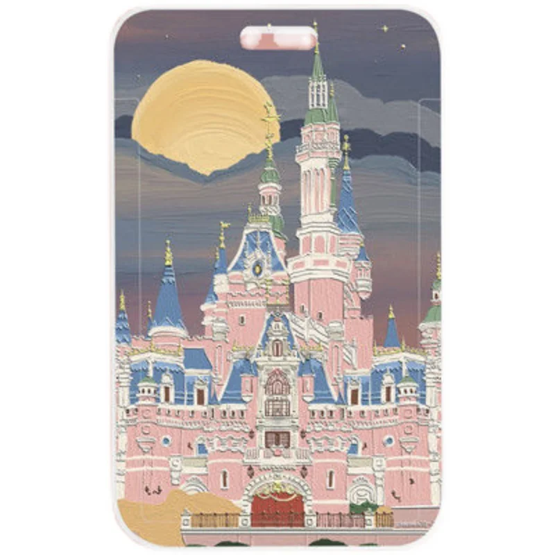 

Cartoon Castle Oil Painting Bus Pass Protective Cover Student Meal Card Car Key Access Card Cover Keychain for Women