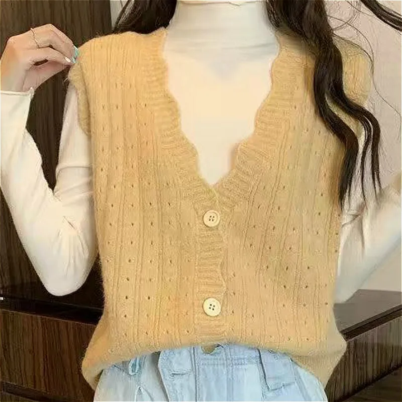 

Sweater Vest Women Simple Basic Leisure Chic Korean Style Tender Sleeveless Single Breasted Cropped Elastic Basic Teens Popular