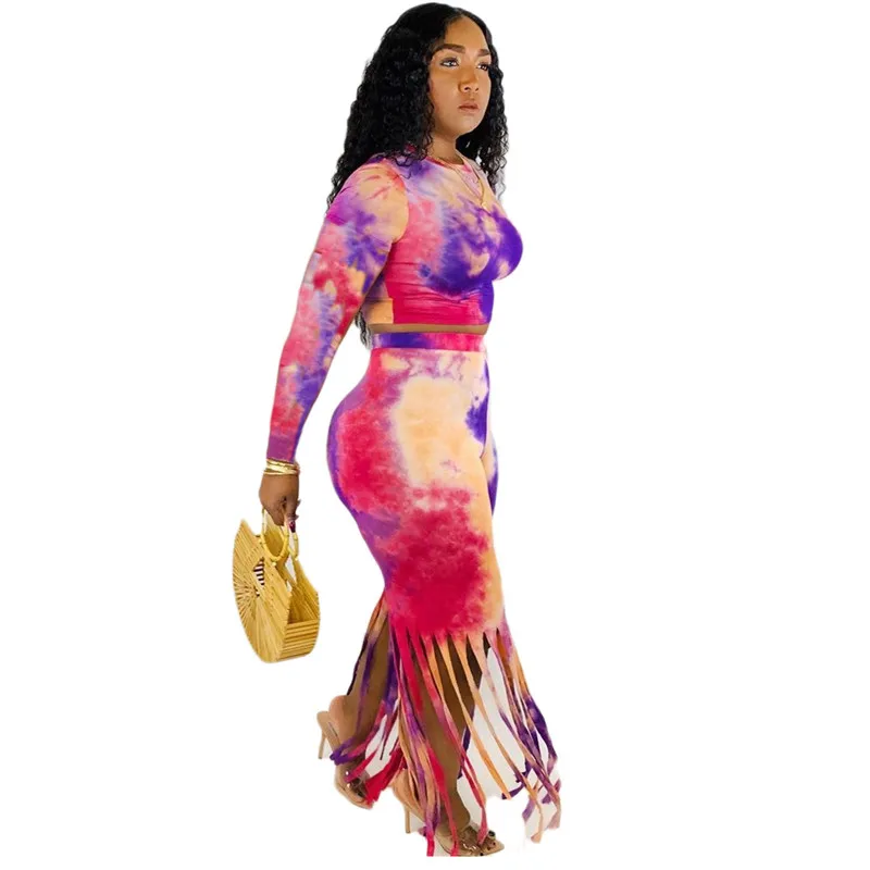 Комплект из двух предметов с принтом Galaxy Tie Dye Женский свитшот и брюки бахромой