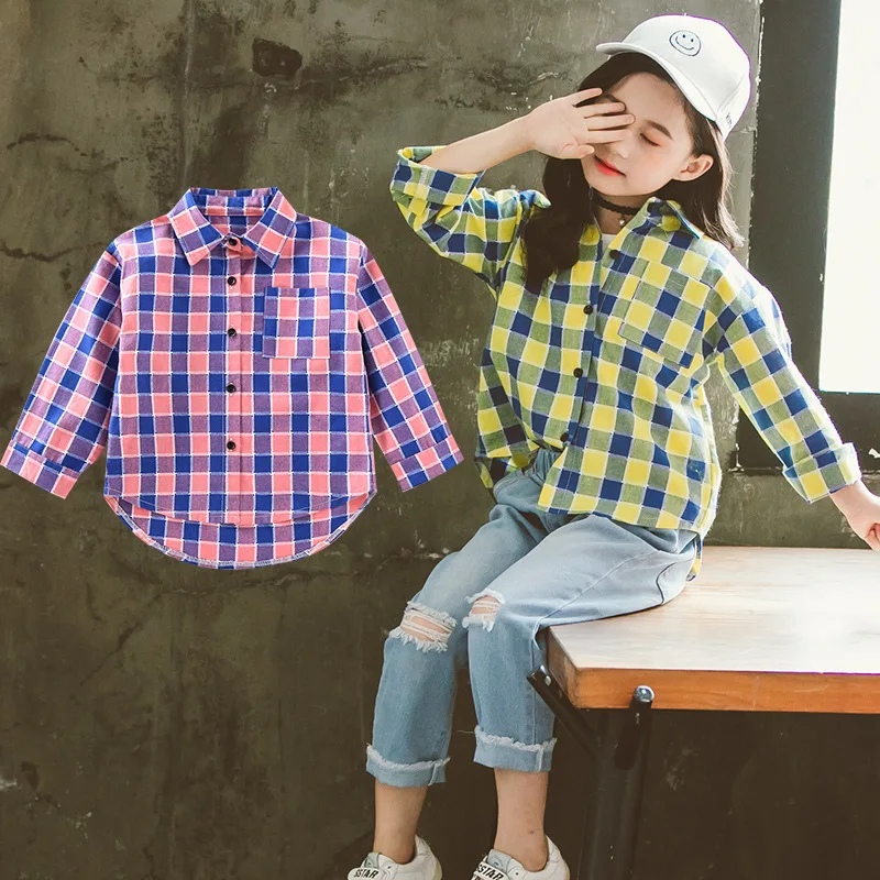Школьные блузки для девочек-подростков клетчатая рубашка с длинными рукавами