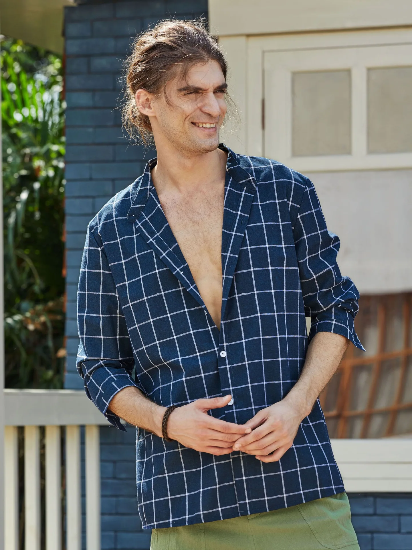 Рубашка мужская в клетку с круглым вырезом на пуговицах|Повседневные рубашки| |