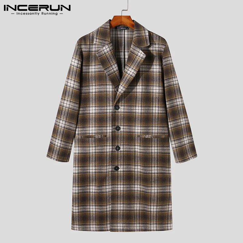 

American Style Tops 2021 Stylish Men Blends Overcoat Plaid Male Autumn Winter Male Long Over-the-knee Lapel Coats S-5XL INCERUN