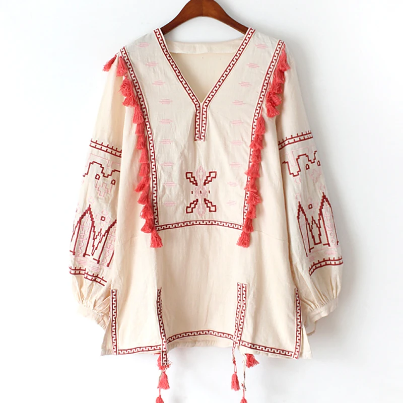GypsyLady/Хлопковые блузки с цветочной вышивкой, рубашка, осенняя винтажная туника с длинными рукавами в стиле бохо, хиппи, этнический Топ