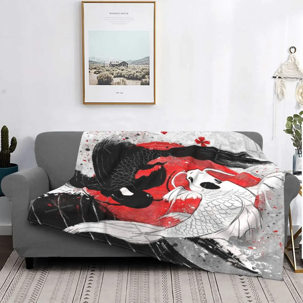 

Koi Fish-Manta a cuadros de Yin Yang, colcha para cama, manta de playa Kawaii, manta pickick