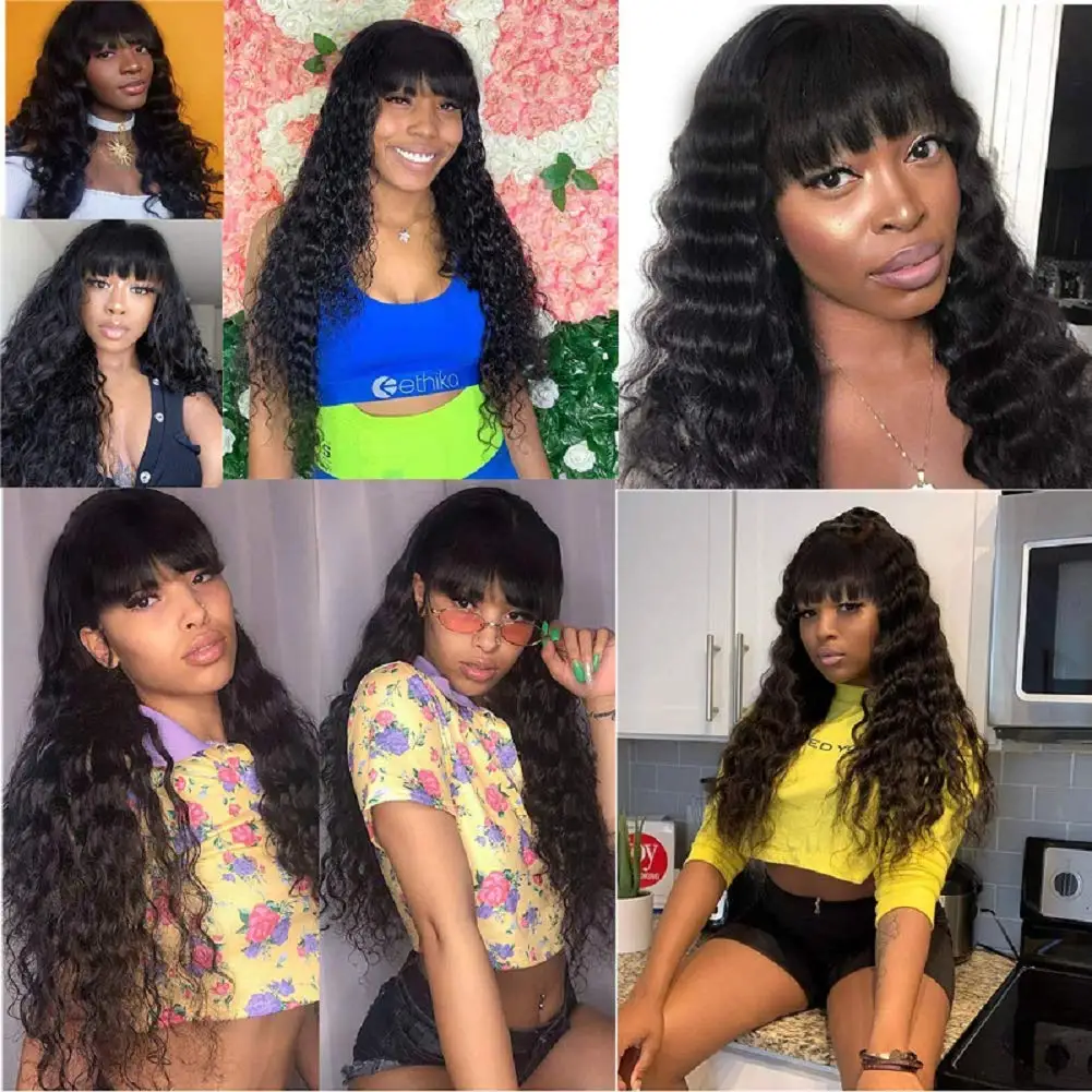

Loose Deep Wave Full Machine Made Bralizian Human Hair Wigs With Bangs Fringe Wigs No Lace 28 30 Inch Long Remy Hair For Women