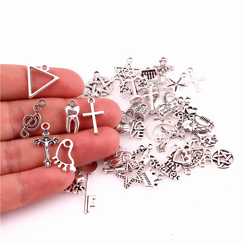 Смешанные 50 шт тибетские серебряные бусины случайный крест талисманы с