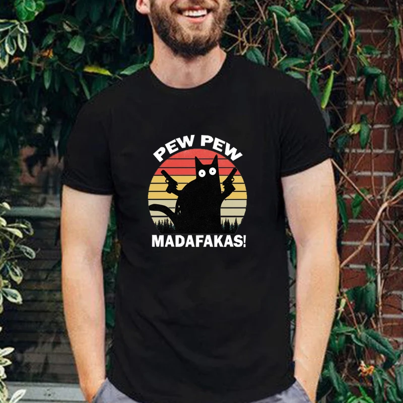 Pew Pew Madafakas Print T-shirt Murderous Black Cat with Gun Funny Tops Short Sleeve O-neck Halloween Streetwear Hip Hop Tee