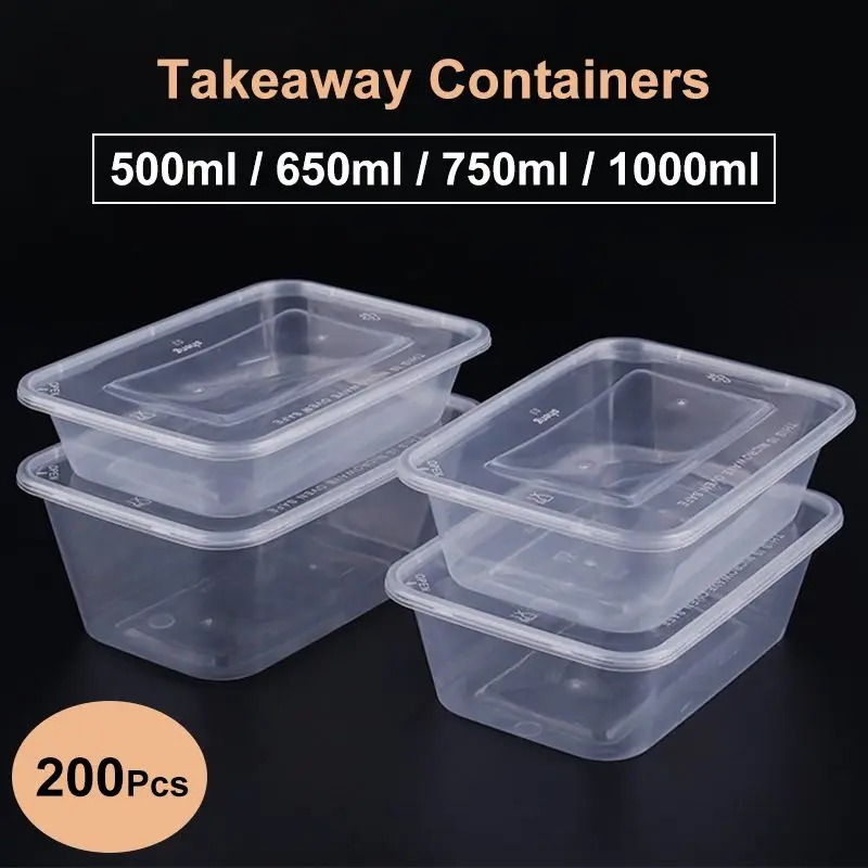 

100pcs Set Disposable Lunch Box Plastic Takeaway Packaging Box Food Fruit Storage Container Microwavable Meal Bento Box with Lid