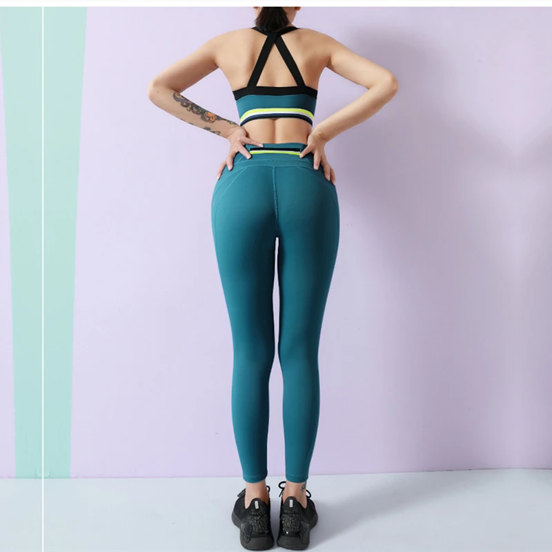 

2 Piece Workout Outfit Front Zip Sports Bra High Waist Leggings Stretch 2Pcs Gym Set Sportswear Patchwork Fitness Clothing