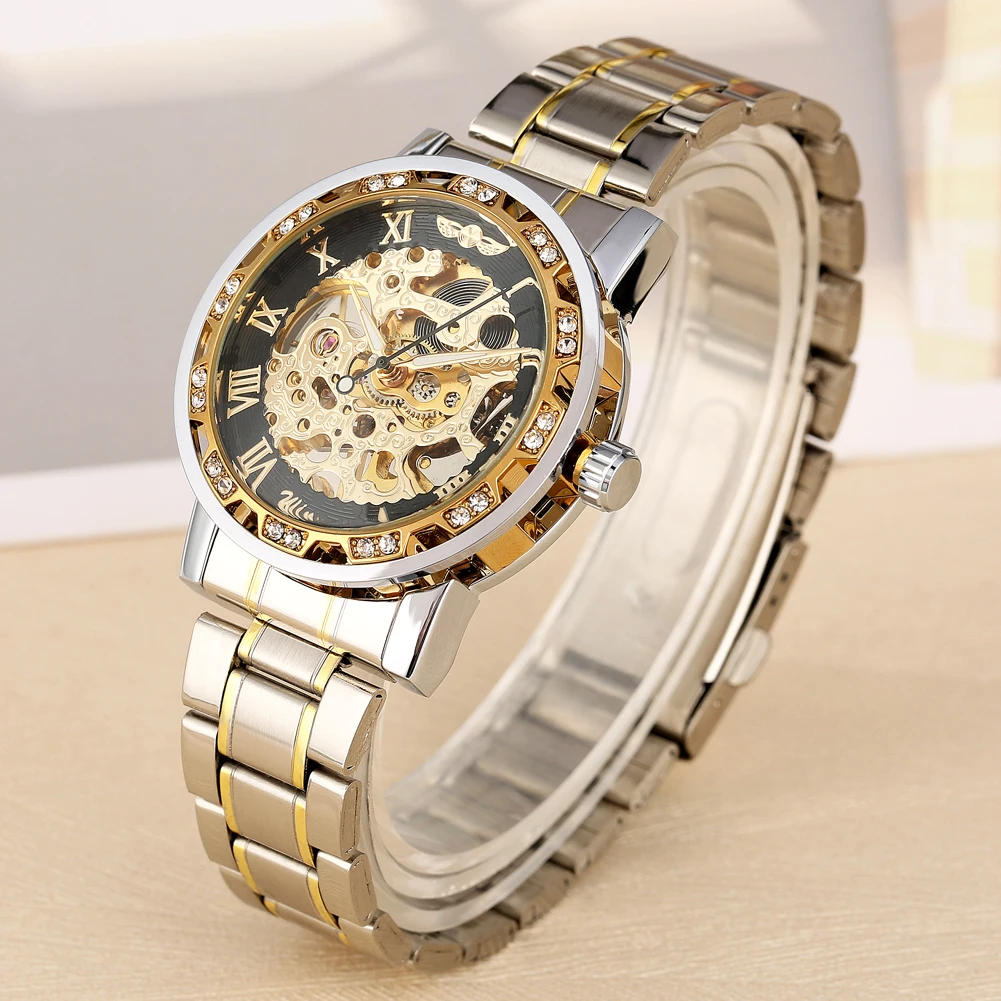 

Fashion Men Mechanical Wristwatches Roman Numerals Display Men's Watch Stainless Steel Watchband Hand-wind Mechanical Man Clock