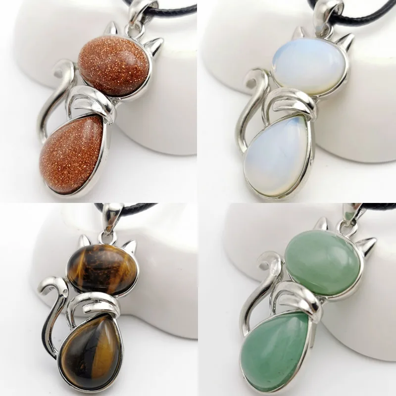 Женские ожерелья с натуральным камнем подвески в форме кота розового кварца