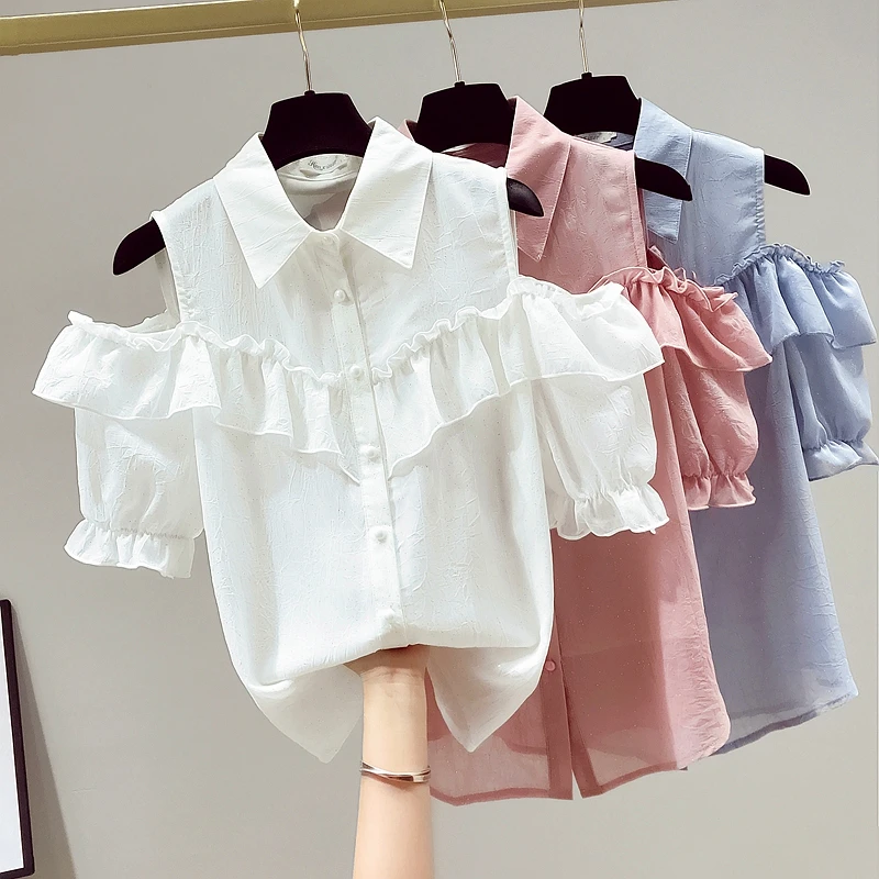 

2021 Summer New Korean Loose-Fit Short Sleeve Chiffon Blouse Women Sequined Ruffles Off-Shoulder Tops Fashion Summer Tops