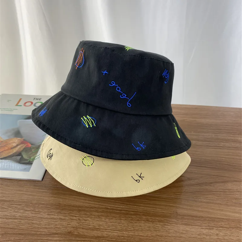 2021 Sweet Spring Summer Wide-Brimmed Women's Fashion Sunshade Flat-Top Fisherman Hat Letter Embroidery Literary Style Basin Hat