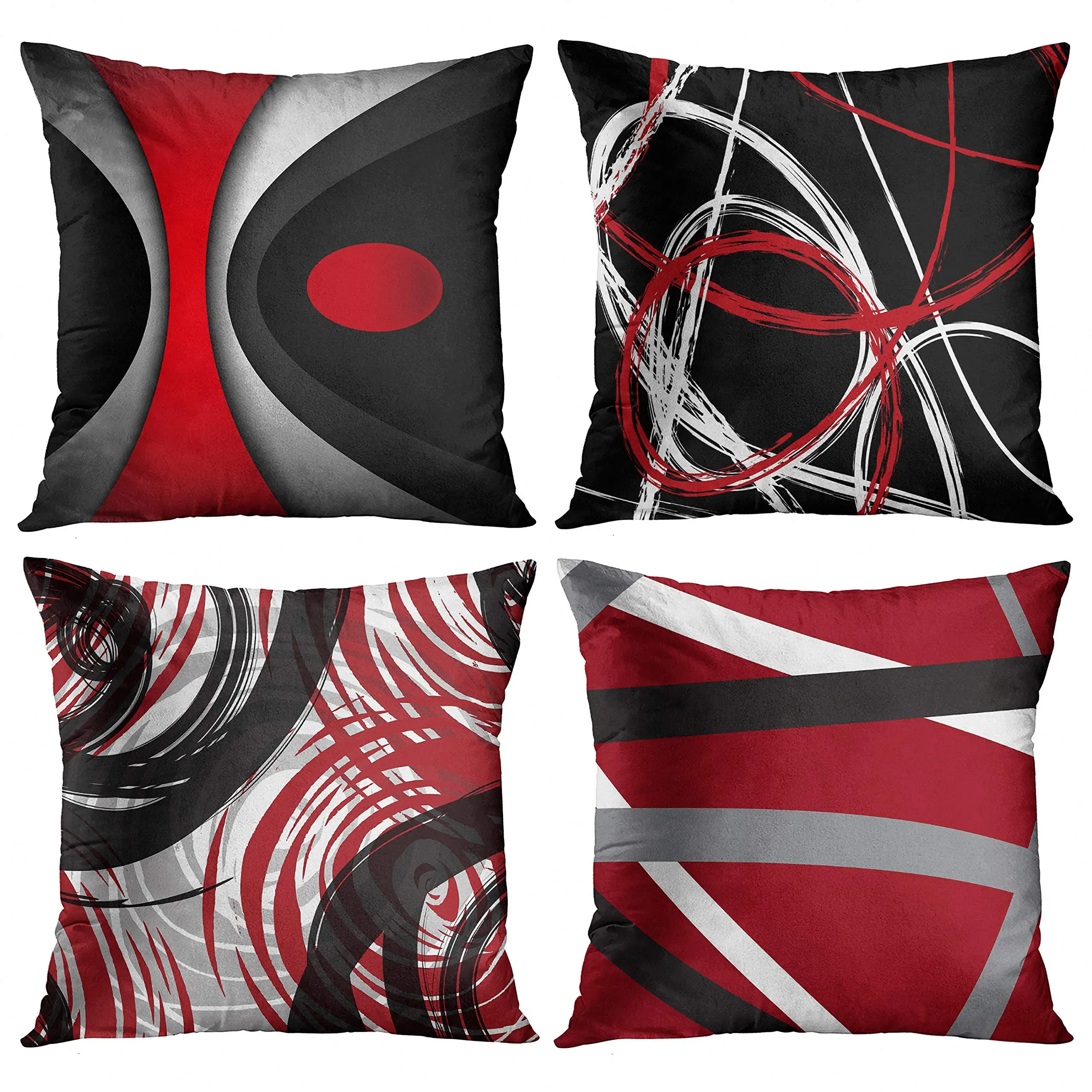 

Красная, черно-белая льняная наволочка с круглым геометрическим узором, наволочка для дивана, украшение для дома можно настроить для вас