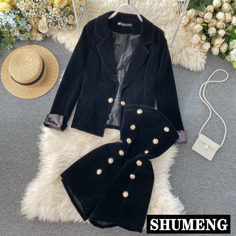 2020 новый модный весенний черный бархатный пиджак + комбинезон на груди комплект