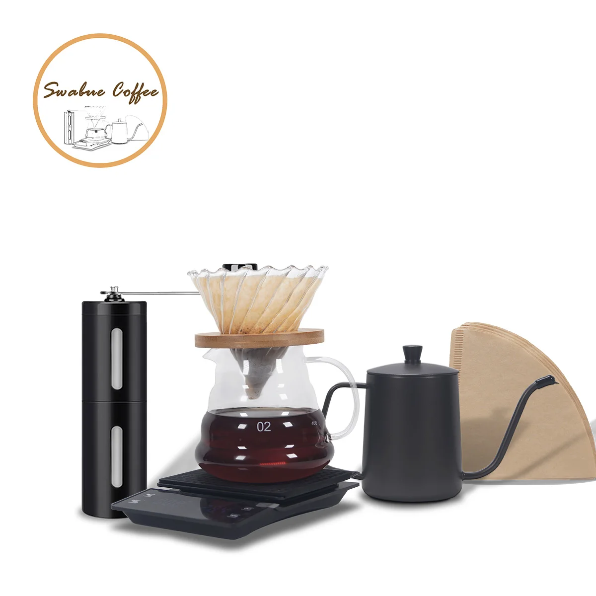 Swabue-m&aacute;quina de caf&eacute; V60 con gotero, juego de macetas de cristal, b&aacute;scula electr&oacute;nica con temporizador, Mini Molinillo, 4/5 uds.-1