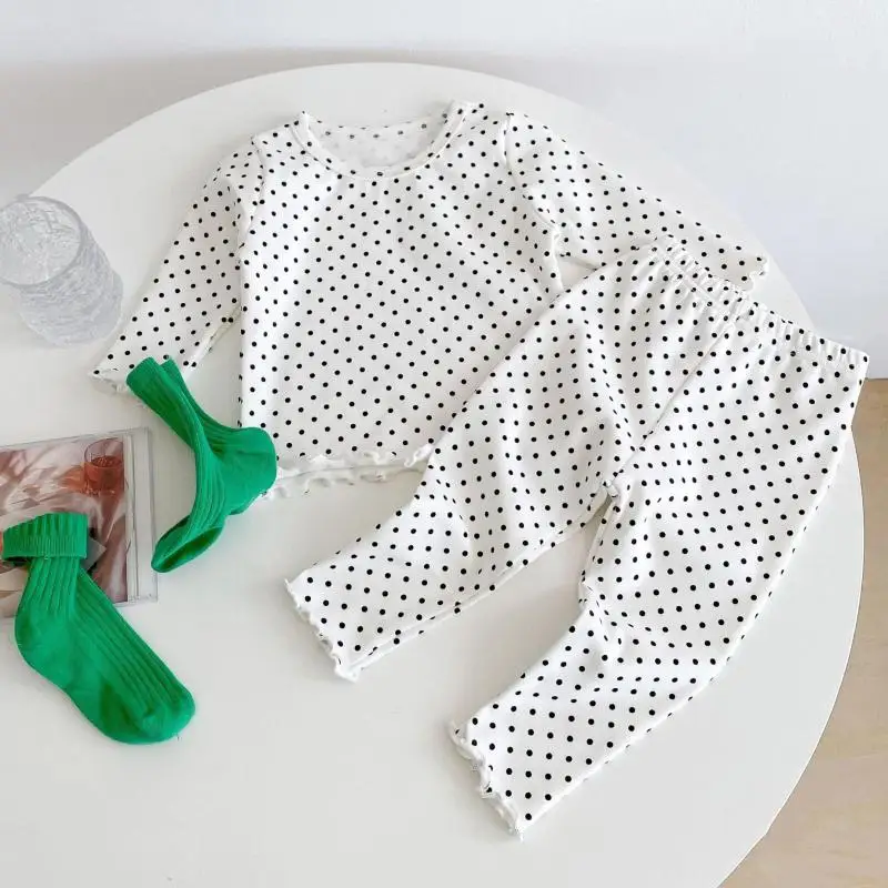

Infant Girls Cute Polka Dot Top + Lace Side Trousers Two-piece Suit 2021 Spring Autumn Fashion Dot Pattern Children's Clothing