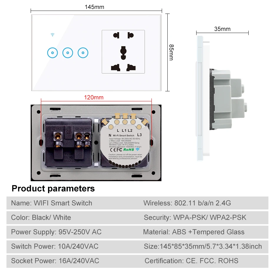 Wifi Универсальный сенсорный выключатель с гнездом 2 4G 1 3 банды AC90V 240V работа Google home