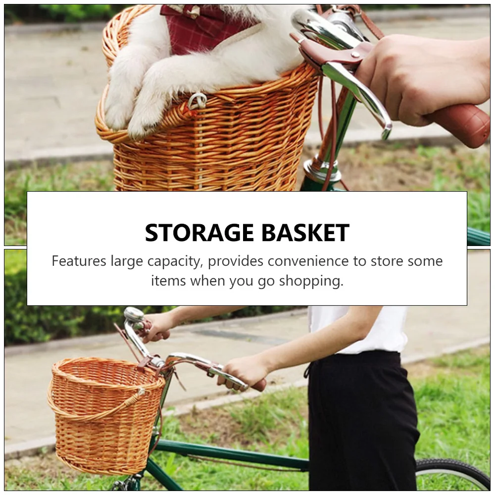 

1pc Practical Bike Basket with Handle Rattan Woven Shopping Basket Chocolate