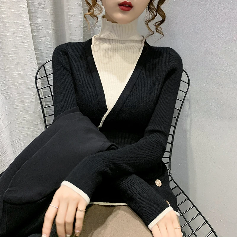 

Turtleneck False 2 Pieces Knitted Women Sweater Pullovers Slim Elastic Lady Elegant Buttomings Pulls Tops