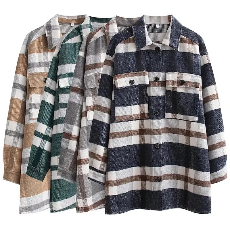 

Fashion Plaid Long Sleeve Shirt Mid-length Loose Casual Thicken Tops Fall 2021 New Korean Women's