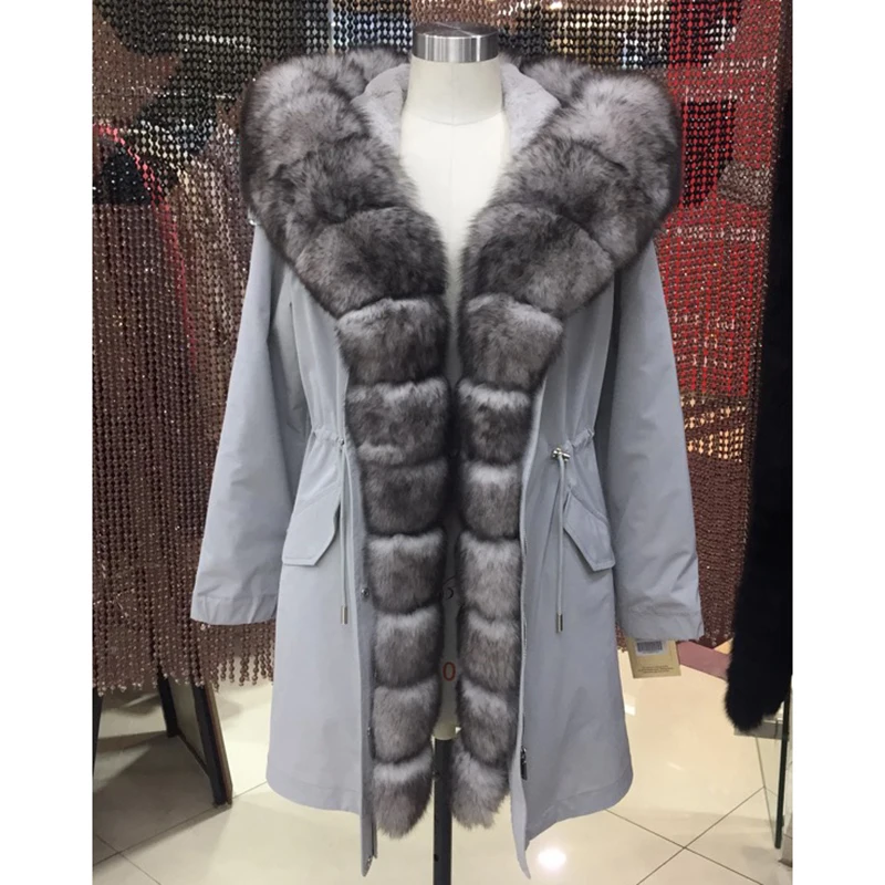 Женская зимняя длинная парка, пальто, куртка с капюшоном, Воротник из енота и лисы, съемная подкладка из кролика, 43D 66081