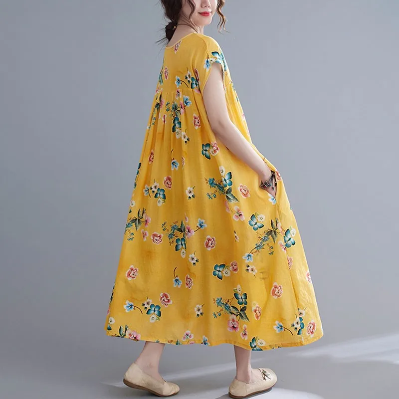 

Women Summer Cotton Linen Long Dress New Arrival 2021 Vintage Style Floral Print Loose Female Holiday Casual Dresses S3814