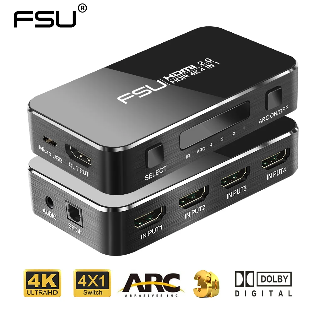 FSU HDMI Сплиттер 4 в 1 выход переключатель 2 0 4K адаптер аудио экстрактор ARC &amp IR
