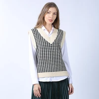 2022fall womens loose retro plaid knit sweater winter v neck plus size pullover knitted vest fashion casual warm waistcoat tops