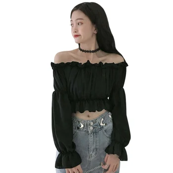 Autumn Women Puff Sleeve Blouses Solid Color Long Sleeve Off Shoulder High Waist Shirt 1