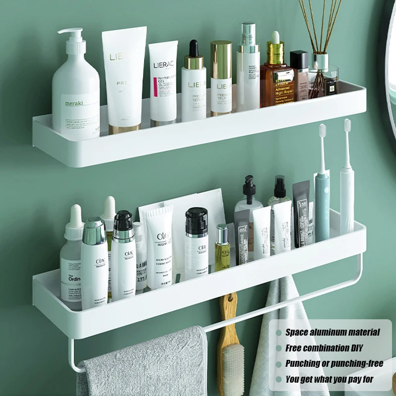 

Wall-mounted Bathroom Organizer Shelf Shampoo Cosmetic Storage Rack Bath kitchen Towel Holder Punch or Non-punchn