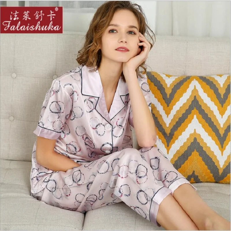 Lady 100% SilK Stain Pajamas Sets  Short Sleeve Floral Print Pink Summer Silk  Home wear Sleepwears Sets 2020 Home Pyjama Sets