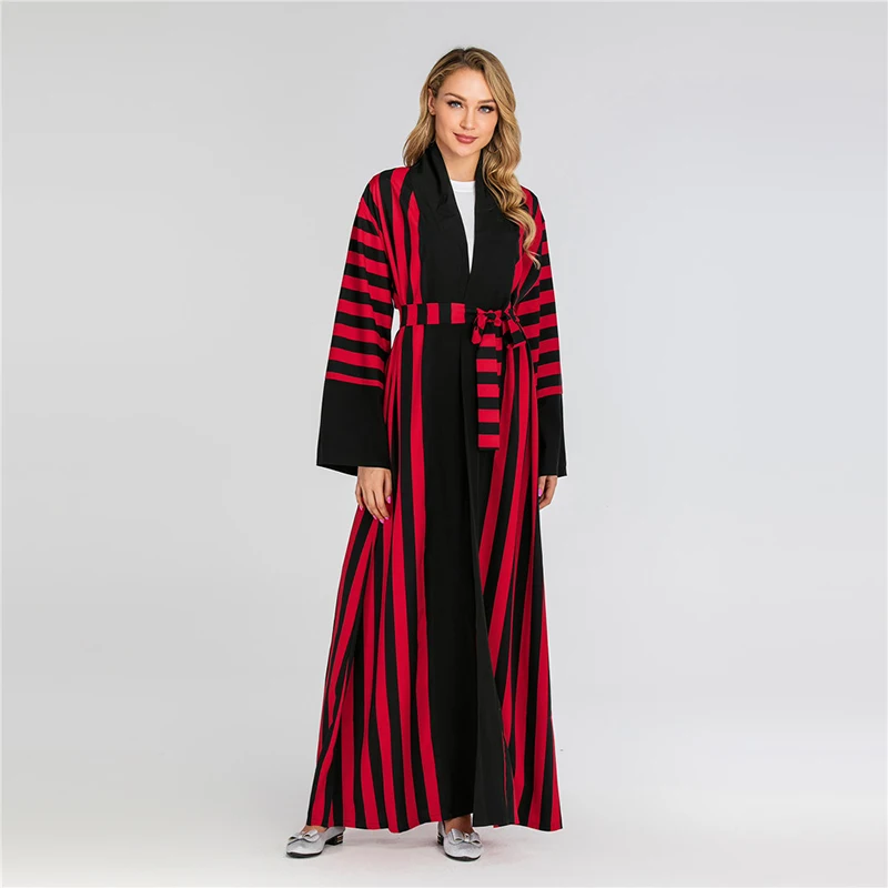 Полосатый Eid abaya кимоно мусульманский кардиган платье хиджаб абайя s для Женский Восточный халат Дубай Оман кафтан молитва турецкая исламская одежда - Цвет: Red cardigan