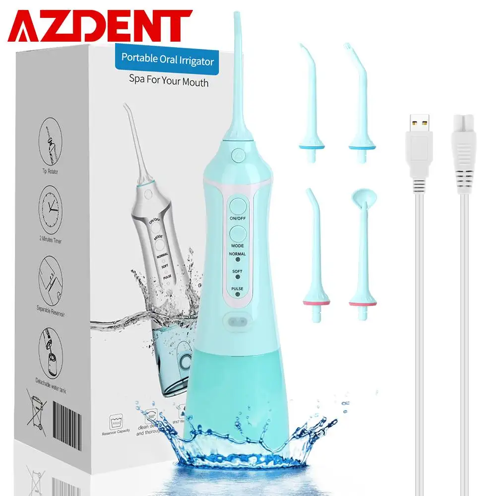

AZDENT Portable USB Recharge 3 Modes Dental Oral Irrigator Mint IPX8 Waterproof Oral Flosser 300ML Tank 5 Nozzles Tooth Cleaner