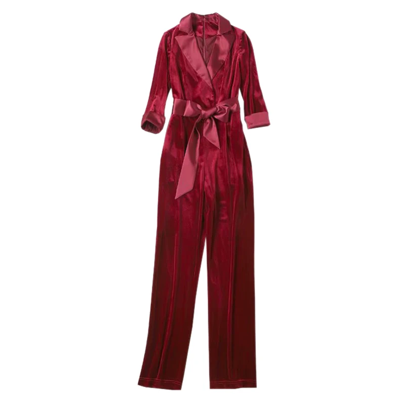 

wine red jumpsuit plunging v neck notched collar 3/4 sleeve full length long pants elegant jumpsuits burgundy one piece overalls