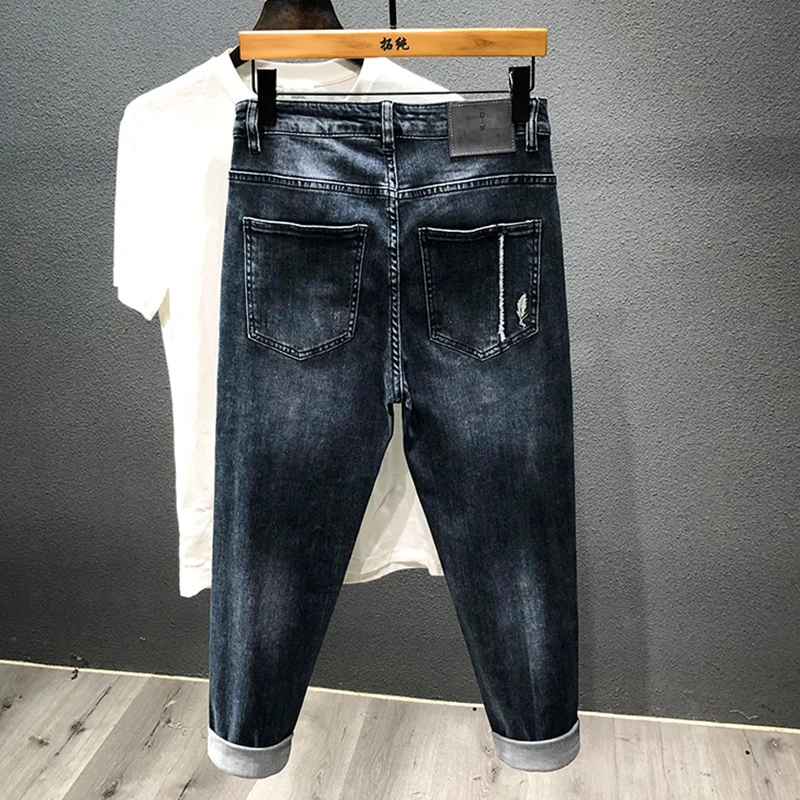 Korean Style Fashion Men Jeans Autumn Newly Designer Elastic Retro Blue Ripped Jeans Men Embroidery Designer Denim Harem Pants