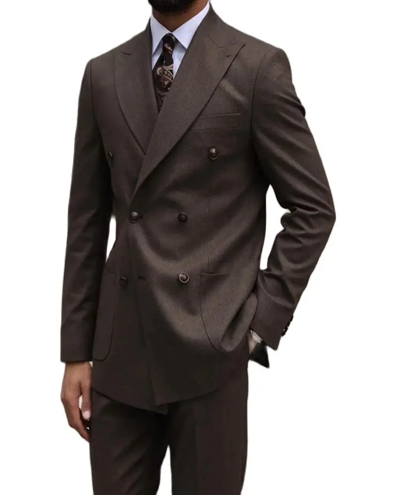 

Fashion Men Suits Tailor-Made 2 Pieces Brown Peak Lapel Double-breasted High Quality Formal Wedding Groom Causal Slim Fit Wear