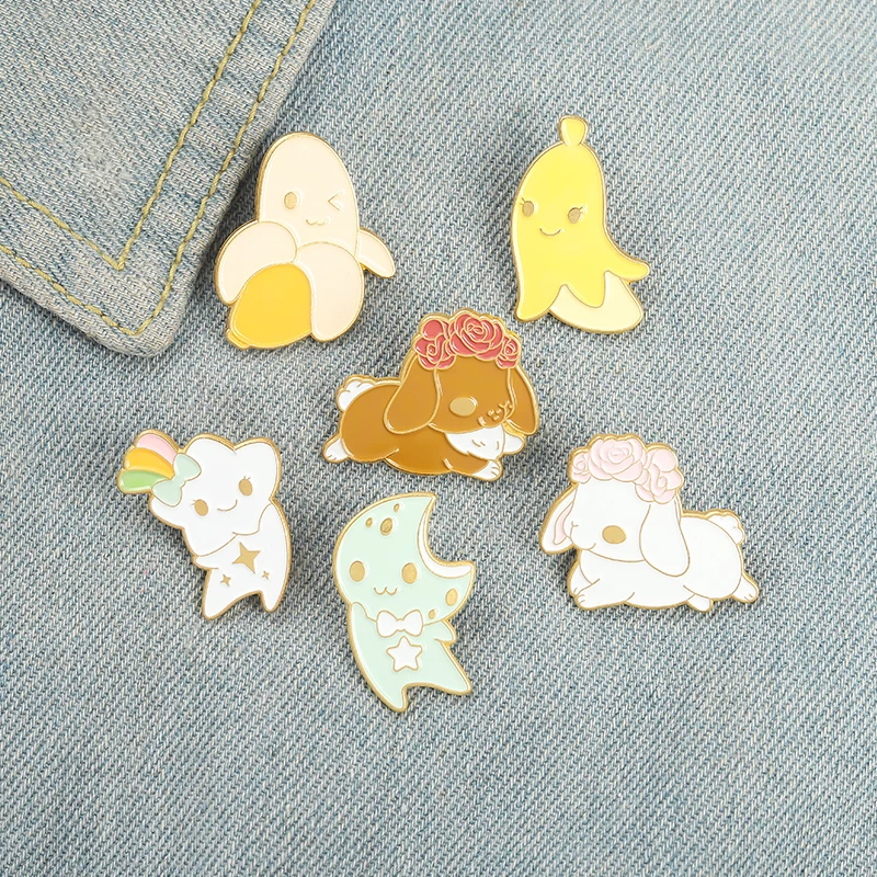 

Crescent Star With Rabbit Enamel Pin Flower Crown Cheese Badges Banana Brooches Cute Fruit Animal Jewelry Gifts For Best Friends