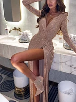 2021 new fashion slit ladies sexy club long sleeve v neck wrapped elegant ruched irregular sequins women party evening dresses