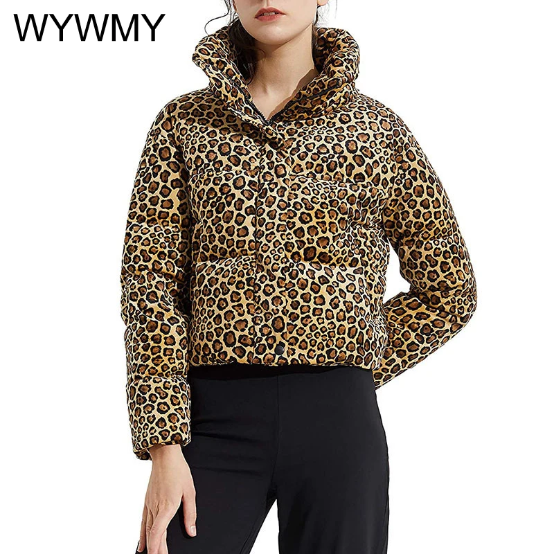 WYWMY Leopard Printed Patchwork Winter Jacket Women Coat Casual Long Sleeve Lightweight Cotton Padded Coat Female Slim Jackets