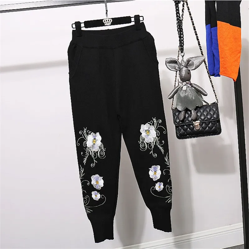 Весенне-осенний вязаный комплект Женский Повседневный длинный брючный костюм с