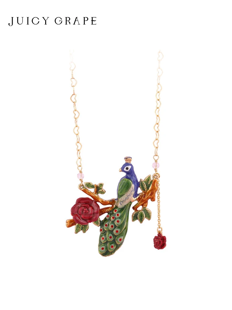 

Juicy Grape New fashion Jewelry Gilded Peacock Jewelry Woman Enamel Glaze Flower Heart-shaped Pendant Necklace Collarbone Chain