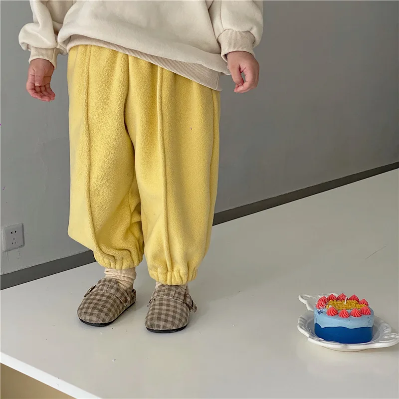 

Winter Korean Children Solid Color Double-sided Thickened Polar Fleece Trousers 2021 Knitted High Waist Casual Warm Pants