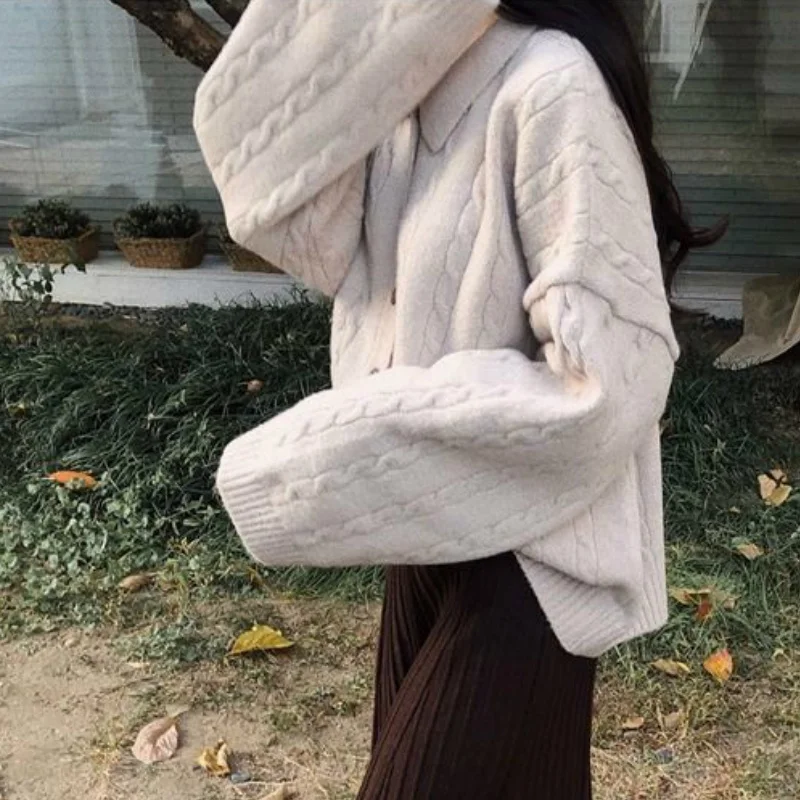 

Womens Sweaters Turn-down Collar Solid Cardigans Single Breasted Loose Casual Elegant Sweet Students Korean Outerwear