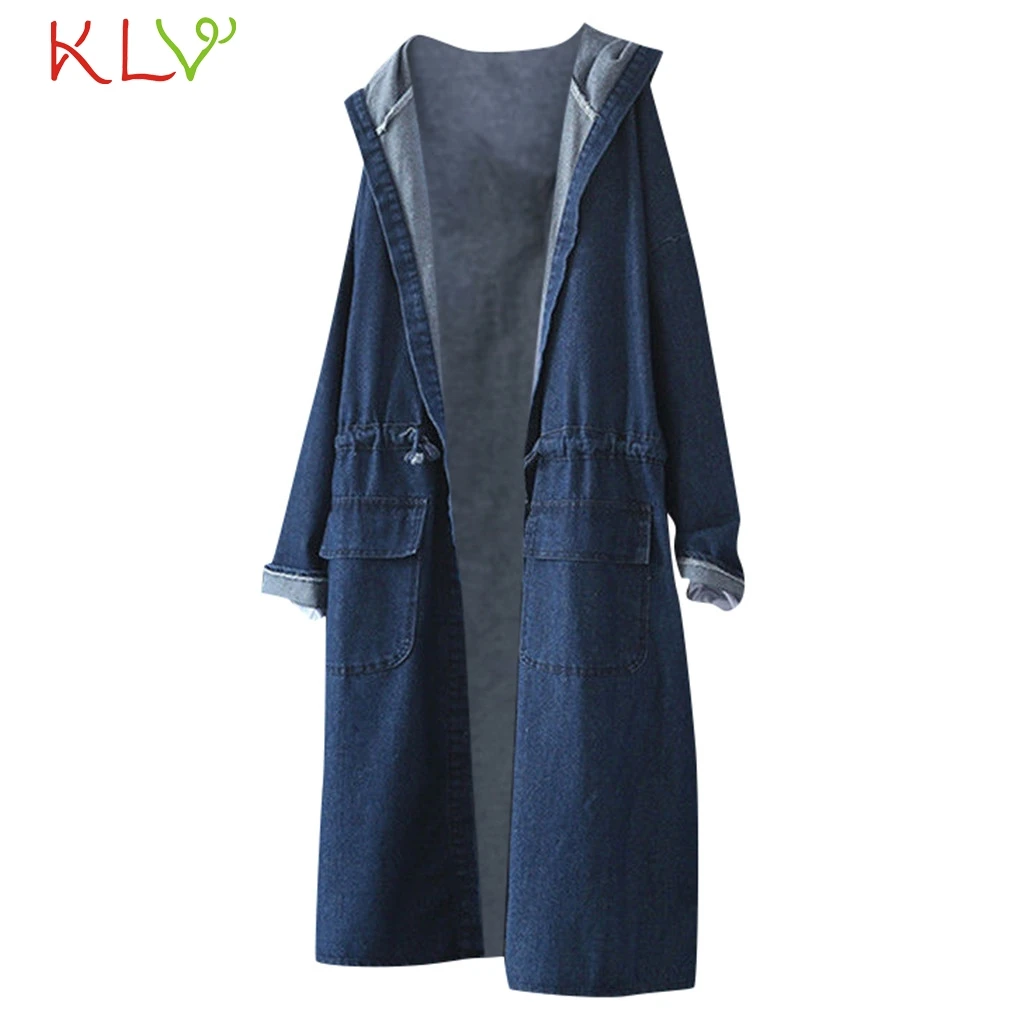 Женская джинсовая куртка с капюшоном в стиле ретро Повседневная Длинная длинным