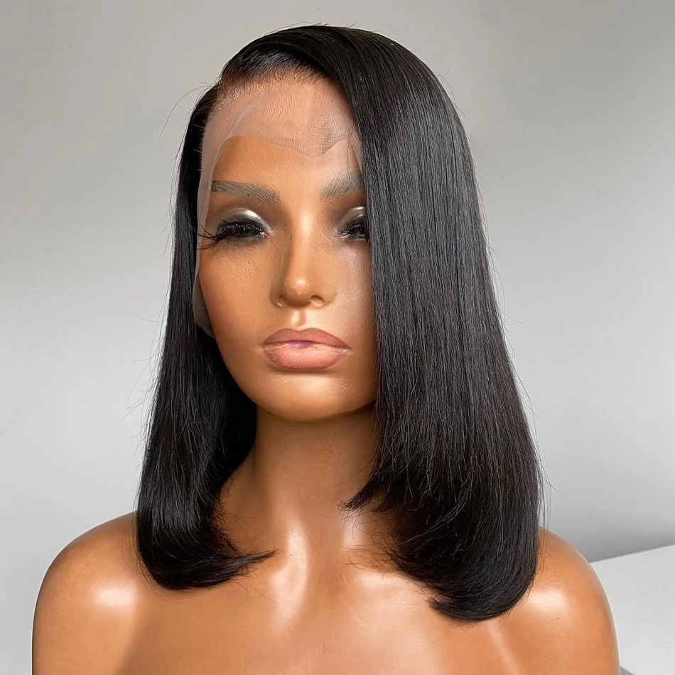 Short Bob Lace Front Wig Straight Frontal Human Hair Wigs Brazilian Remy Closure 180 Density Pre Plucked For Black Women | Шиньоны и