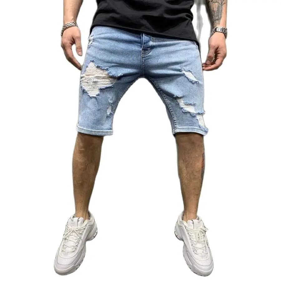 

Men's Trousers Slim Ripped Denim Mid Solid Color Trendy Pants