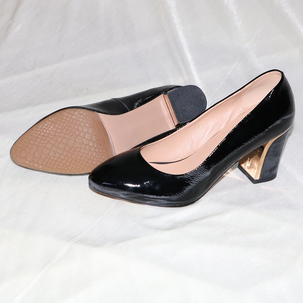 

Kickway Genuine Leather Women High Heels Pumps Shoes Square Metal Heels Ladies Heels Black Round Female Shoes Office Shoes Women