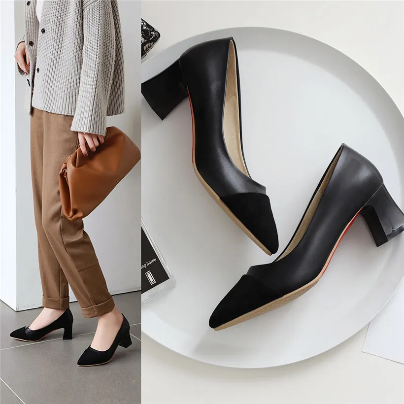 

Fashion Women Pumps Black Flock PU Patchwork 5.5cm High Square Heels Casual Party Office Ladies Pointed Toe Slip-on Dress Shoes